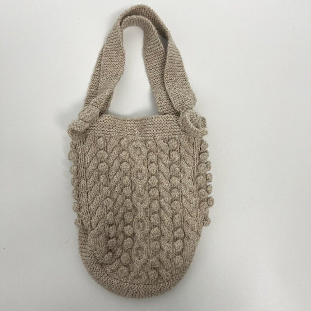 Cable Knit Hand Made Wool Blend Tan Neutral Boho Granny Grandma Tote Bag - Picture 1 of 9
